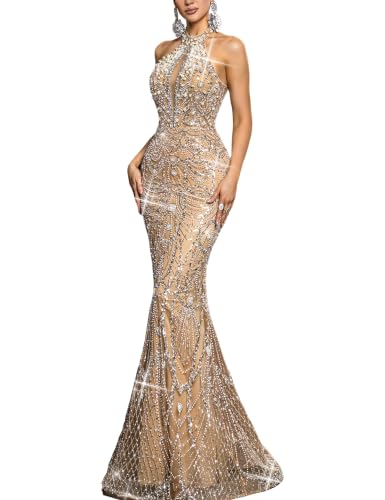 VOUIAO Women Beaded Prom Dresses Sequin Formal Evening Gown Champagne M