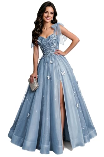 NDMAVOA Women's Spaghtti Prom Dresses Glitter Tulle 3D Butterfly Long Princess Quinceanera Ball Gowns with Sexy Slit Dusty Blue 6