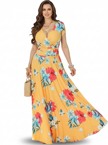 KOH KOH Womens Long Flowy Modest V-Neck Short Cap Sleeve Casual Floor Length Floral Flower Print Summer Sundress A-line Maternity Tall Maxi Dress Gown, Yellow and Pink M 8-10