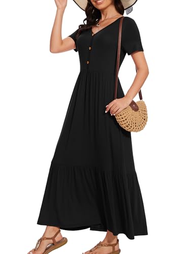 VIISHOW Women's Boutique Short Sleeve Empire Waist Simple Long Dresses with Pockets Loose Plain Maxi Dresses,Black,Medium