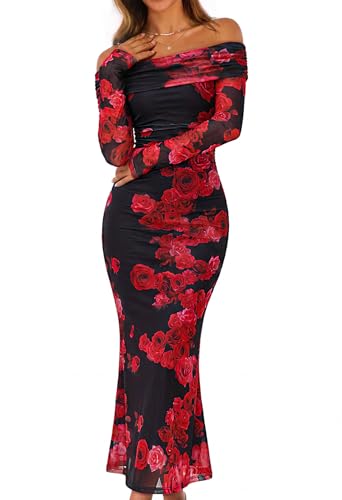 MEROKEETY Womens Fall Off Shoulder Floral Maxi Dresses, Wine, Large | 2026 Long Sleeve, Formal Cocktail, Elegant Party Dinner Long Dress, Date Night, Bridal Shower, Floral Mesh, Prom Dresses