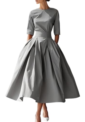 Famnbro Womens Pleated Cocktail Dresses 1950s 3/4 Sleeves Church Dress Grey