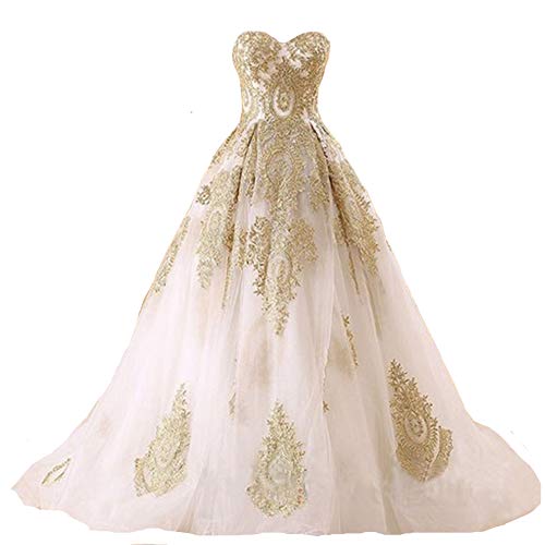 Kivary Gold Lace Ball Gown Long Corset Sweetheart Tulle Prom Wedding Evening Dresses White US14