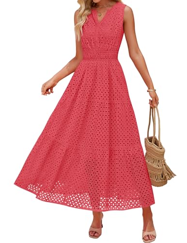 ZESICA Women's V Neck Hollow Out Eyelet Flowy Maxi Dress Watermelon L