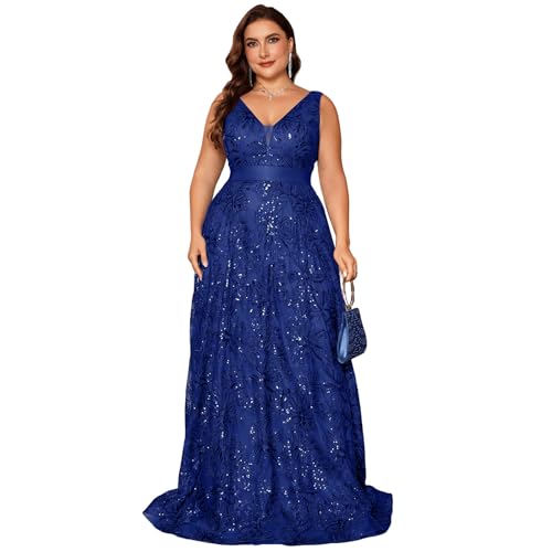 BluePlum Plus Size Formal Dresses for Women 2025, Cocktail Dresses with V-Neck, A-Line Wedding Guest Dresses Maxi Elegant Dress for Party, Peacock Blue, Royal Blue, Size 2XL
