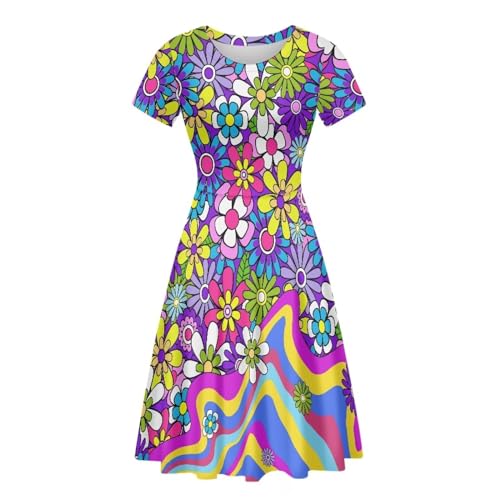 POLERO 70S Retro Floral Women Dress Hippie Flower Summer Dress Short Sleeve Midi Sundress Homecoming Dress Party Swing Dress for Girls Size L