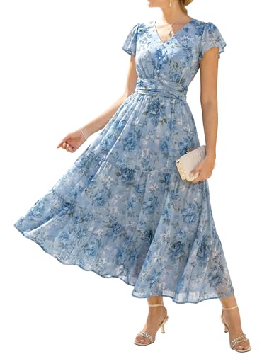 GRACE KARIN Wedding Guest Dresses Gray-Blue with Blue and White Flowers XXL | V Neck,Short Slveeve,Fit and Flare,Flowy,A Line,Pocket,Smocking,Elegance Spring Summer formal Tea Party Casual Holiday Outfit