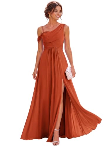 Ever-Pretty Women's Sleeveless Chiffon Summer Formal Wedding Guest Dresses One Shoulder A-Line Split Bridesmaid Dress Burnt Orange US12