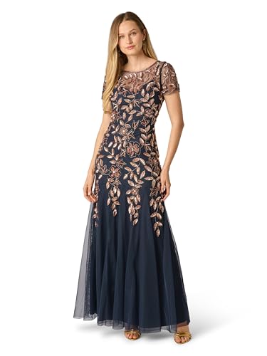Adrianna Papell Women's Short Sleeve Floral Beaded Evening Gown with Godets, 4, Navy/Rosegold