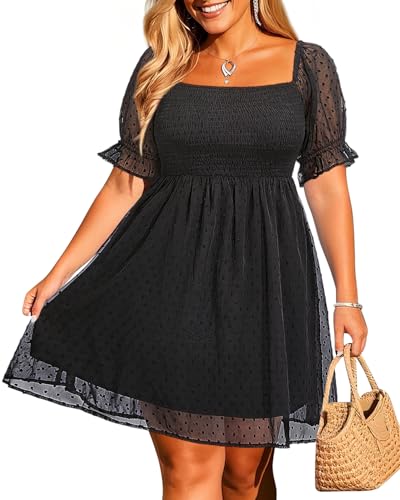 Pinup Fashion Plus Size Puff Sleeve Square Neck Chiffon Swiss Dot Smocked Sun Dress, Black, 24 Plus