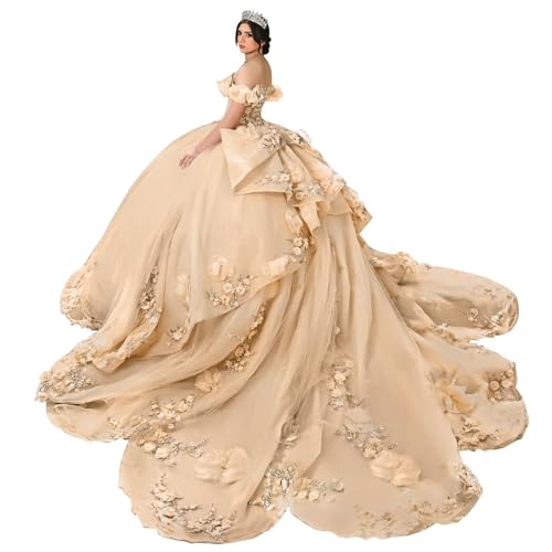 Mauuwy Off the Shoulder Champagne Quinceanera Dresses Ball Gown Shiny