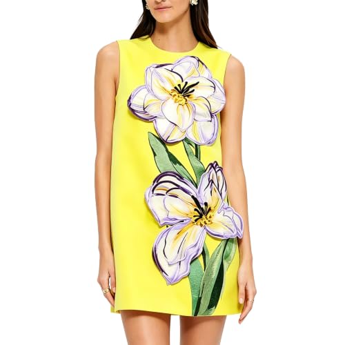 KOFIPAW Round Neck Sleeveless Shift Mini Dress 3D Floral Applique Party (Yellow,X-Large)