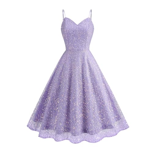Women's Glitter Sequin Dress Spaghetti Strap Sparkle Party Dresses Sleeveless V-Neck A-line Bridesmaid Cocktail Dress Glittery Sparkly Homecoming Dress Short Birthday Wedding Guest Dresses Purple M
