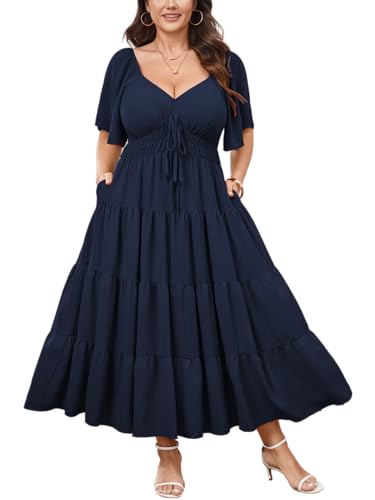 Plus Size Casual Summer Boho Maxi Long Dresses for Curvy Women Navy Blue