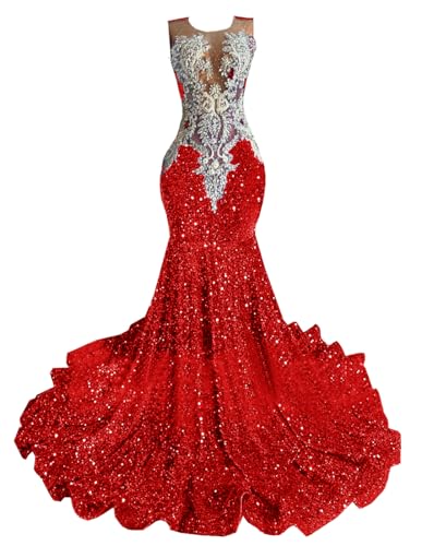 Ikerenwedding Sparkly Prom Dresses Rhinestone Beaded Glitter Sequin Pageant Celebrity Wedding Party Evening Gown Red