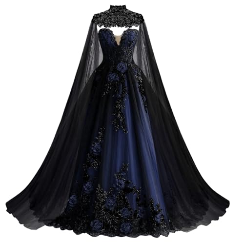 Mauuwy Navy Gothic 3D Flowers Bridal Dress for Women Wedding | Beaded Black Wedding Dress, with 3D Flowers, Corset,Vestidos De Novia for Cosplay Convention, Gothic Festival