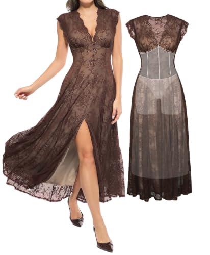 Popilush Lace Formal Cocktail Wedding Guest Dresses for Women Brown L