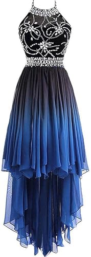 FTBY Women's Hi-Lo Homecoming Dresses Ombre Halter Prom Gown Chiffon Formal Beaded Cocktail Dress Blue1-2
