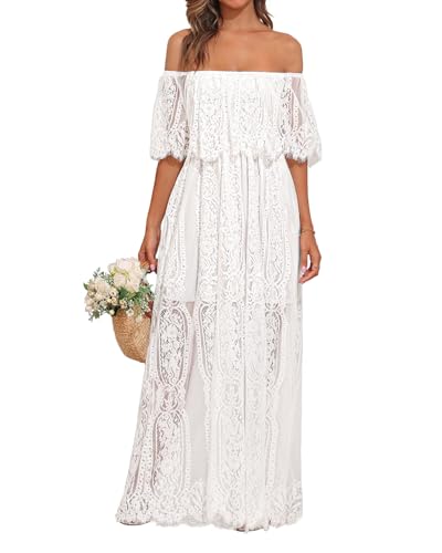 Holipick White lace Maxi Dress Off Shoulder Bridal Shower Boho Wedding Bride Reception Beach rehersal Dinner Dresses