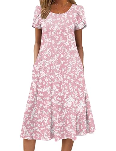Zeagoo Sundresses for Women 2026 Long Casual Dress Short Sleeve Cotton Midi Dress Pink Floral Dresses for Summer, Pink Floral M