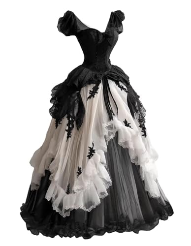 Vintage Gothic Victorian Wedding Dress with Ruffles Long Puffy Ball Gown Women Formal Prom Dress with Cap Sleeves Black 12