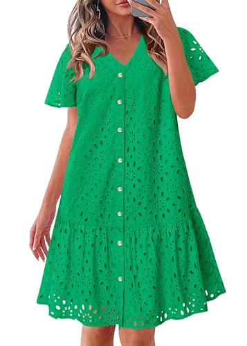 KIRUNDO Eyelet Dresses for Women Button Down Mini Babydoll,Green,XL