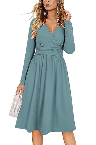 OUGES Women's Fall Wrap V Neck Wedding Guest Casual Midi Dress(Blue,M)