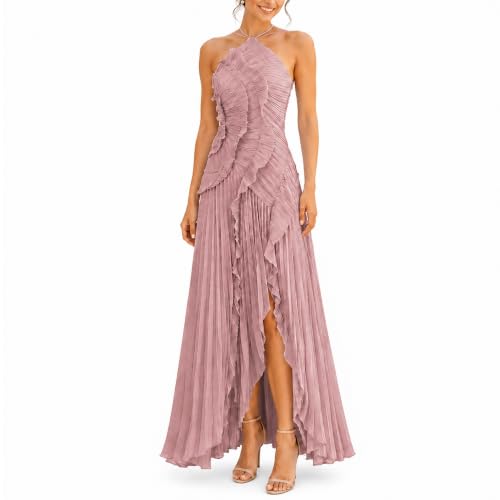 Women's Halter Neck Ruffled Pleated Maxi Dress, Sleeveless Chiffon Asymmetric High Low Hem Formal Cocktail Party Evening Gown for Wedding Guest (US, Alpha, Small, Regular, Regular, Pink1)