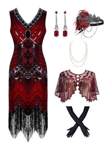 872AS - Plus Size 1920s Vintage Fringed Gatsby Sequin Beaded Tassels Hem Flapper Party Prom Cocktail Dress with Accessories Shrug Cape Shawl (Red Black, 1X)