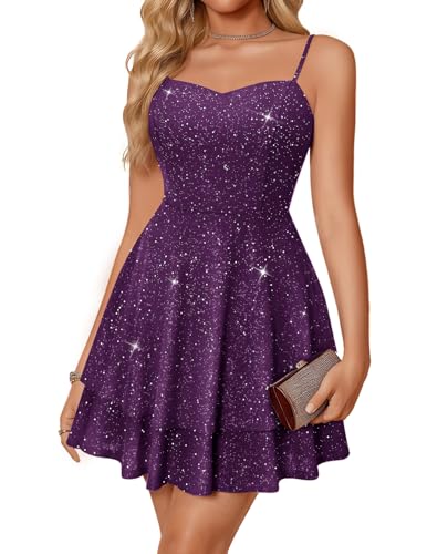 Meetjen Women's Homecoming Dress Short Cocktail Party Sparkly Purple L