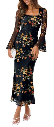 Sipaya Long Sleeve Maxi Dresses for Women Bodycon Mesh Midi Fall Fashion Cocktail Outfits Winter Clothing Print 1 XS