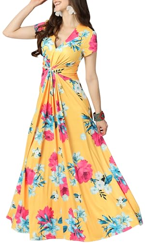KOH KOH Womens Long Casual Flowy V-Neck A-line Spring Summer Short Cap Sleeve Modest Floral Flower Print Cute Maternity Tall Sundress Maxi Dress Dresses, Yellow Pink L 12-14