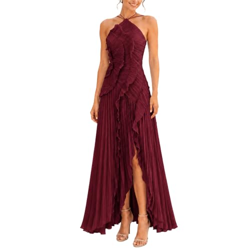 Women's Halter Neck Ruffled Pleated Maxi Dress, Sleeveless Chiffon Asymmetric High Low Hem Formal Cocktail Party Evening Gown for Wedding Guest (US, Alpha, X-Small, Regular, Regular, ROS)