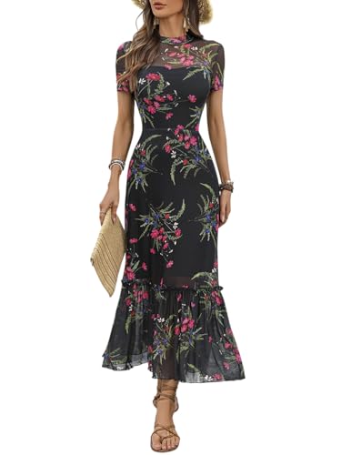 GothDark Women's Summer Floral Mesh Ruffle Casual Maxi Wedding Guest Dress