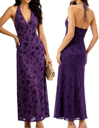 Women's Semi Formal Cocktail Halter Maxi Dress Sleeveless Backless Dress (Purple, M)