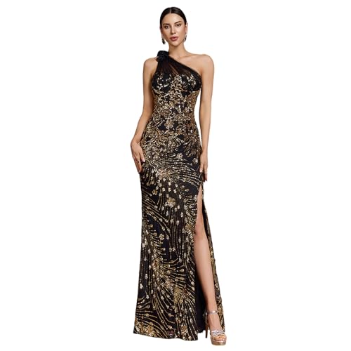 BluePlum One Shoulder Long Maxi Formal Dress for Women with Sleeveless & Backless Sequin & Slit Mesh Strap Floral Applique Mermaid Wedding Guest Evening Gown for Party Cocktail Prom, Black Gold, XL