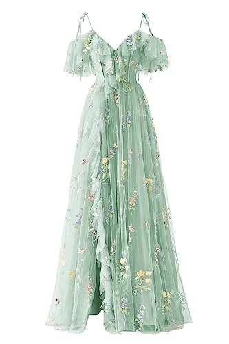 UZN Spaghetti Straps Mint Green Flower Embroidery Prom Dresses for Women Tulle with Split V-Neck A-Line Plus Size Long Formal Evening Party Gowns US20