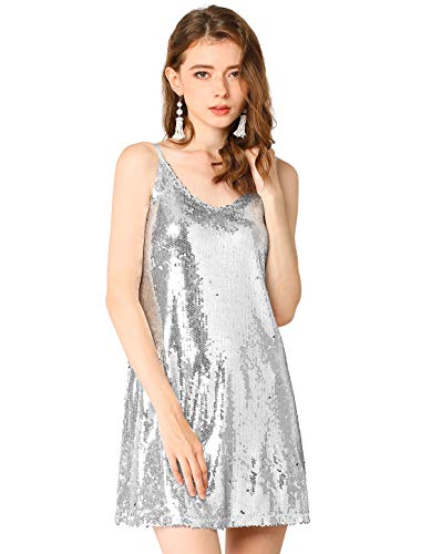 Allegra K Women's Glitter Sequin Dress V Neck Spaghetti Strap Halloween Mini Party Dress Clubwear Small Silver