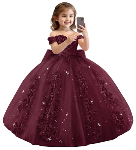 XYAYE Princess Dark Burgundy Flower Girl Dresses for Wedding 3D Dress