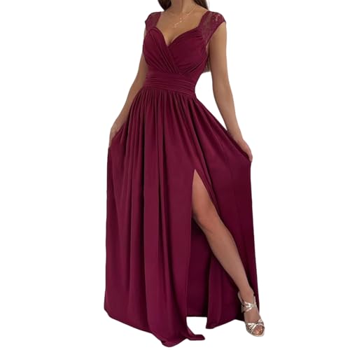 Womens Elegant Long Dresses V-Neck Wrap Ruched Slit Formal Dress Dressy Sexy Bridesmaid Wedding Guest Maxi Dress Watermelon Red