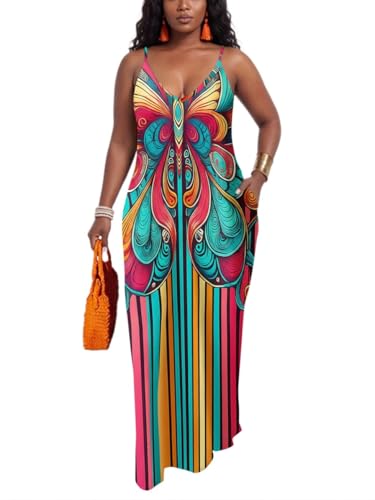 Women Maxi Sundresses Sexy Spaghetti Strap Printed Pattern Off Shoulder V Neck Loose Bohemian Cocktail Party Long Dress with Pockets XXX-Large