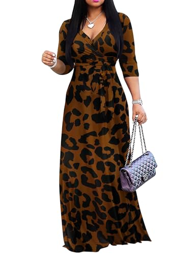 Yajedo Plus Size Maxi Dresses for Women Leopard Print 3/4 Sleeve Summer Casual Loose V Neck Long Dress Brown and Black