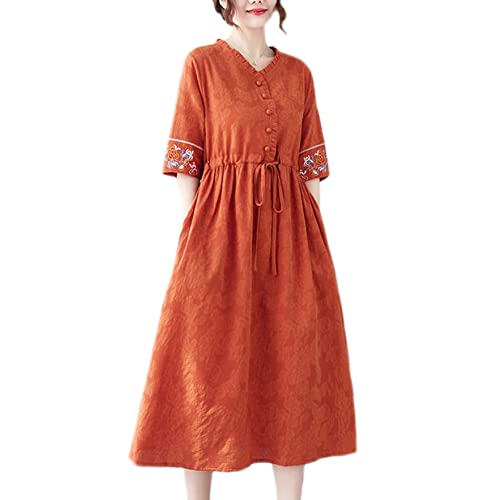 YM YOUMU Women Chinese Embroidery Jacquard Ethnic Midi Dress Drawstring Waist Loose Dress with Pockets Orange