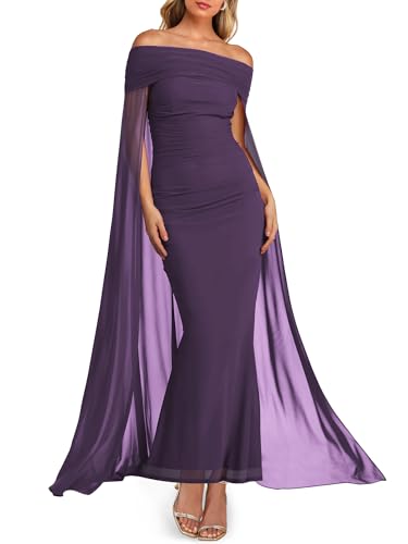 MAYFASEY Women's Fall Off the Shoulder Maxi Dress Spring Long Sleeve Dress Sexy Stretch Mesh Double Lined Slim Trendy Long Dresses Purple L
