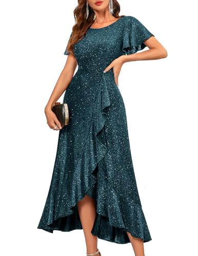Womens Shimmery Gown Sequin Wedding Guest Cocktail Gown Dustyblue M