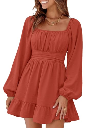 Dokotoo Square Neck Fall Dress for Women Tie Back Elastic Waist Lantern Long Sleeve Dresses Ruffle A-Line Fall Dress Casual Sexy Beach Dresses Orange X-Small
