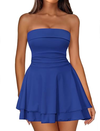 IWD Women's 2026 Spring Cute Tube Dress Strapless Basque Waist Semi Formal Dress Mini Flowy Ruffle Hem A Line Holiday Party Dresses Royal Blue Small
