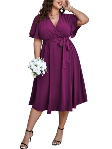 SCOMCHIC Womens Plus Size Wedding Guest Cocktail Midi Dress Summer Short Sleeve Wrap V Neck Belted A-Line Flowy Dress Plum