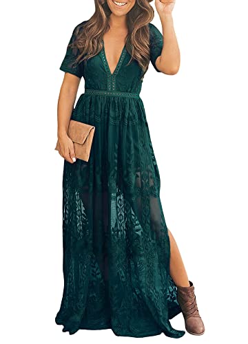 Eleter Women's Romper Dress Floral Lace Wedding Dress V Neck Short Sleeve Bridesmaid Evening Party Maxi Dress(XL,Dark Green)