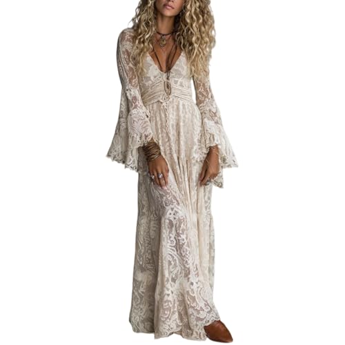 Womens Vintage Boho Wedding Dress Lace Bell Sleeve Deep V Western Maxi Gown (Beige,Small)